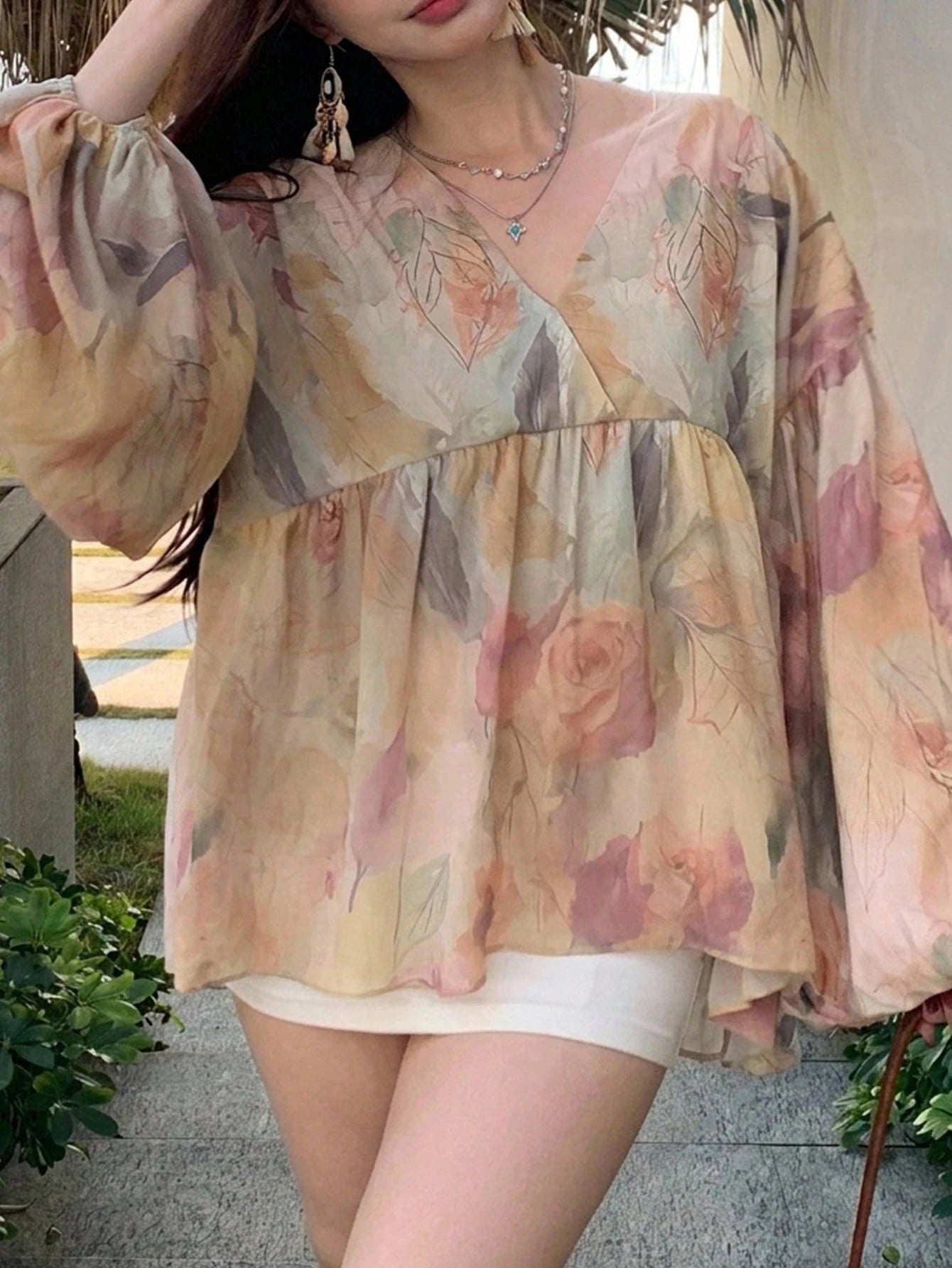 Dazy Plus Floral Print Loose Long Sleeve Round Neck Vacation Casual Spring Summer Autumn Pullover Elegant Long Sleeve Blouse