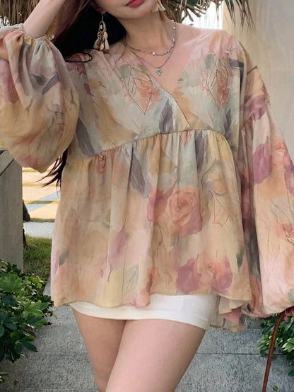Dazy Plus Floral Print Loose Long Sleeve Round Neck Vacation Casual Spring Summer Autumn Pullover Elegant Long Sleeve Blouse