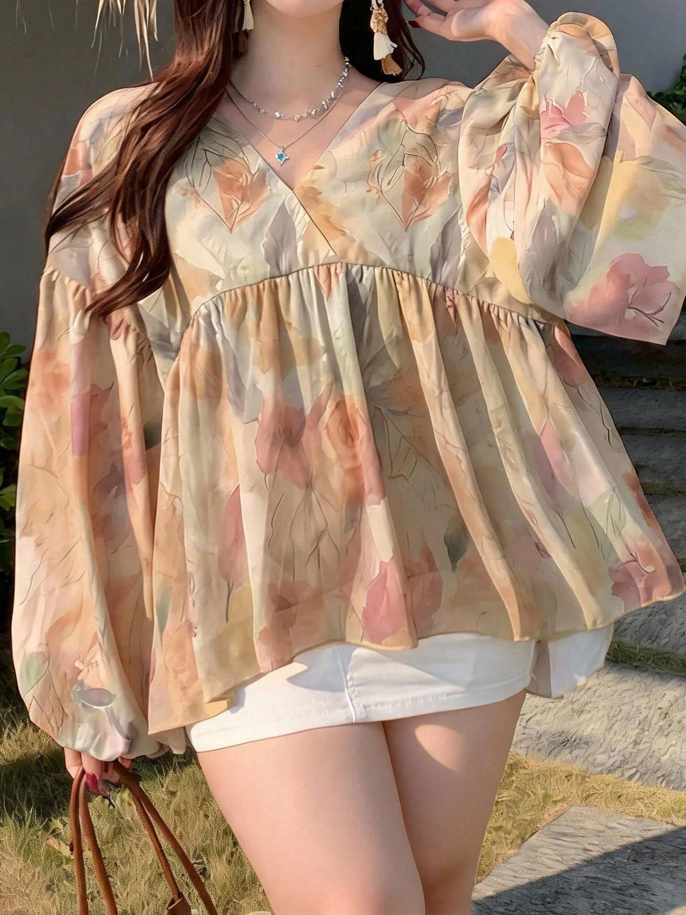 Dazy Plus Floral Print Loose Long Sleeve Round Neck Vacation Casual Spring Summer Autumn Pullover Elegant Long Sleeve Blouse