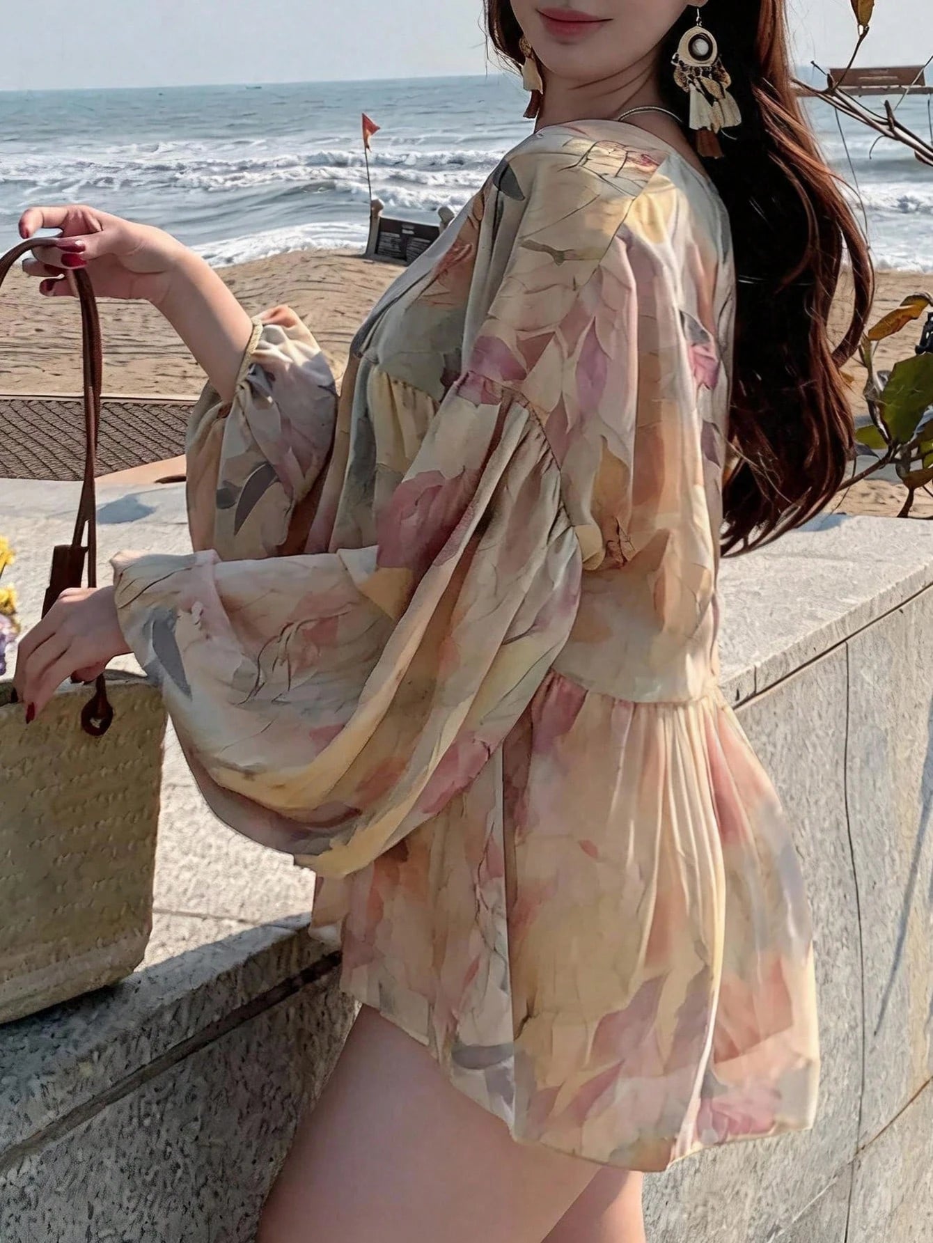 Dazy Plus Floral Print Loose Long Sleeve Round Neck Vacation Casual Spring Summer Autumn Pullover Elegant Long Sleeve Blouse