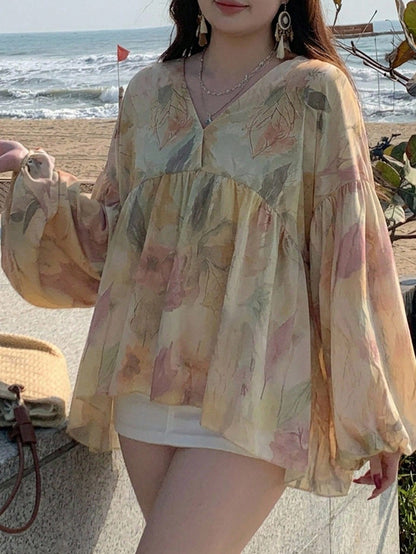 Dazy Plus Floral Print Loose Long Sleeve Round Neck Vacation Casual Spring Summer Autumn Pullover Elegant Long Sleeve Blouse