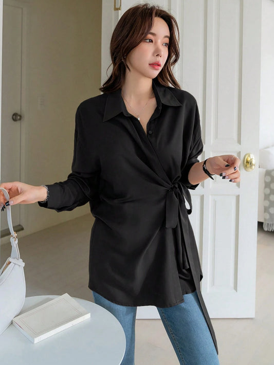 DAZY Tie Side Drop Shoulder Shirt,Fall Clothes Preppy Tops Long Sleeve Top