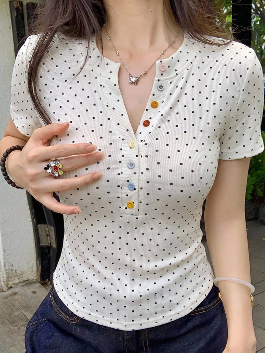 DAZY White With Black Polka Dots,Summer,Casual,Cute,Everyday Fitted Short Sleeve T-Shirt For Women,Colorful Button Decor Street Style Music Festival Tee
