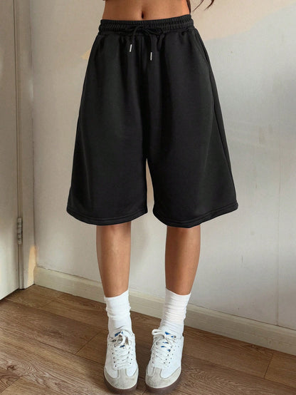 DAZY Women's Casual Sports Shorts With Elastic Waist And Drawstring, Loose Straight Leg, Solid Black, Summer And Autumn