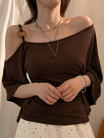 DAZY Women's Off-Shoulder Casual Solid Color T-Shirt, Summer