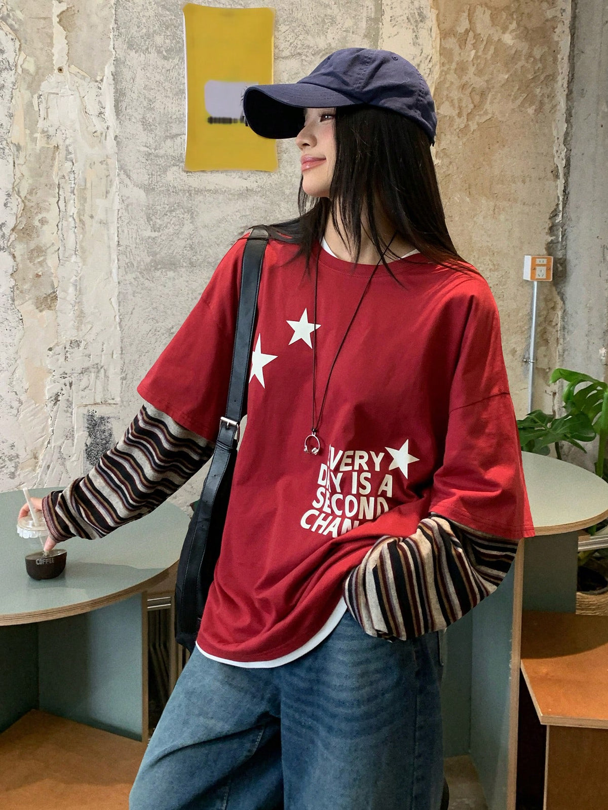 DAZY Women's Round Neck Contrast Stripe Korean Style Print Long Sleeve T-Shirt