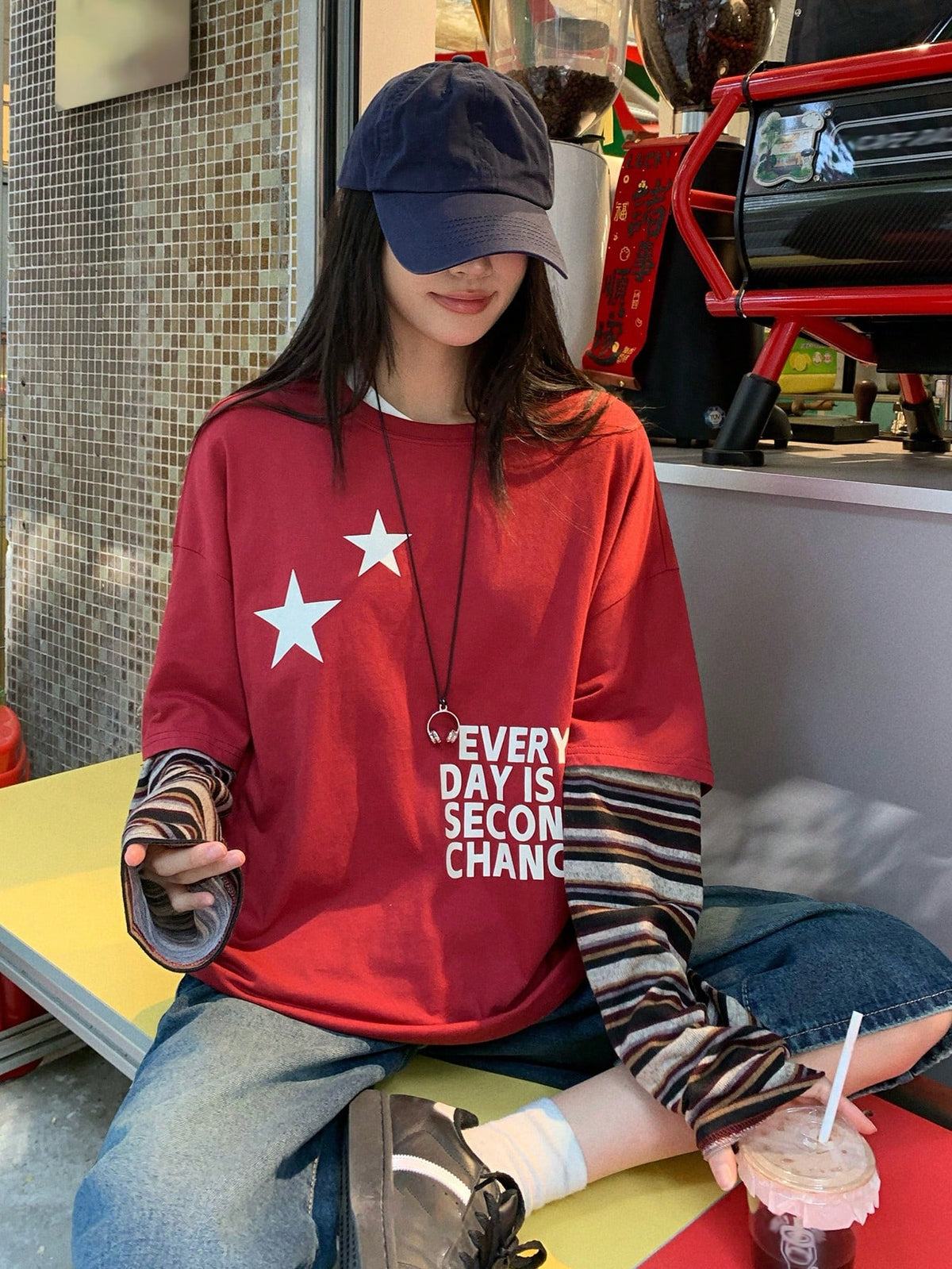 DAZY Women's Round Neck Contrast Stripe Korean Style Print Long Sleeve T-Shirt