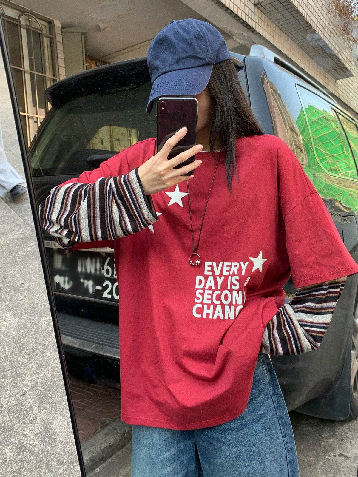 DAZY Women's Round Neck Contrast Stripe Korean Style Print Long Sleeve T-Shirt