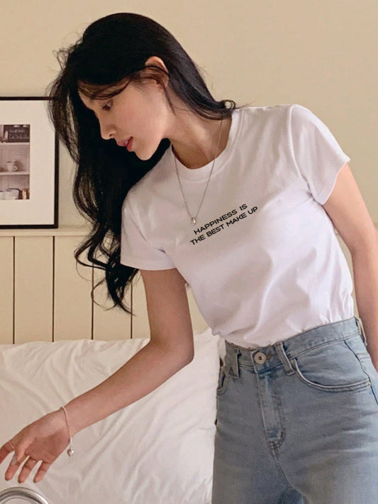DAZY Women's Round Neck Printed T-Shirt With Slogan HAPPINESS IS THE BEST MAKE UP Summer