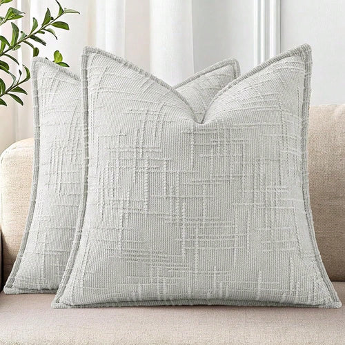DecorUhome Chenille Throw Pillow Covers 18x18 Set Of 2, Thick Textured Slubby Neutral Decorative Pillow Covers With Elegant Design For Couch, Sofa, Living Room, Light Grey
