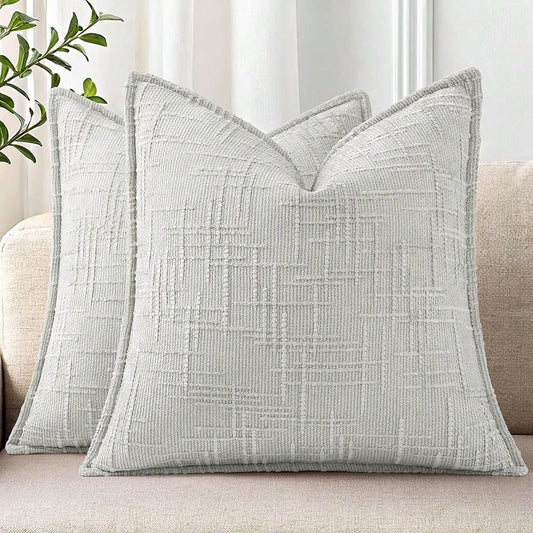 DecorUhome Chenille Throw Pillow Covers 18x18 Set Of 2, Thick Textured Slubby Neutral Decorative Pillow Covers With Elegant Design For Couch, Sofa, Living Room, Light Grey