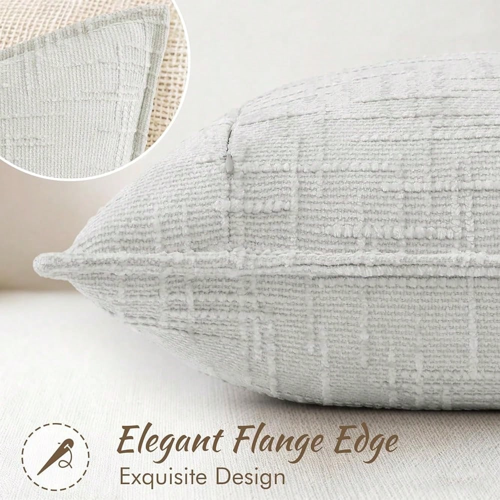 DecorUhome Chenille Throw Pillow Covers 18x18 Set Of 2, Thick Textured Slubby Neutral Decorative Pillow Covers With Elegant Design For Couch, Sofa, Living Room, Light Grey