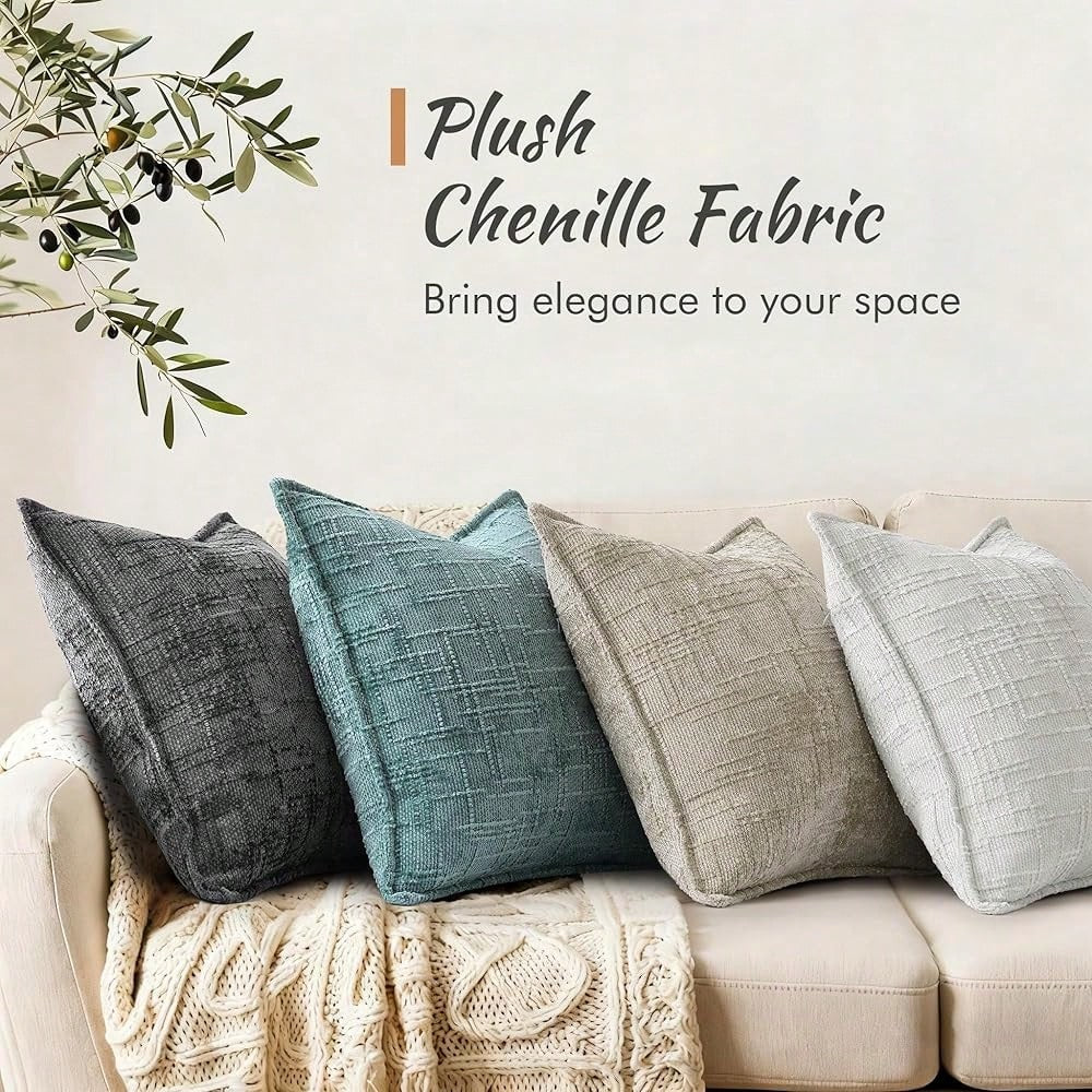 DecorUhome Chenille Throw Pillow Covers 18x18 Set Of 2, Thick Textured Slubby Neutral Decorative Pillow Covers With Elegant Design For Couch, Sofa, Living Room, Light Grey