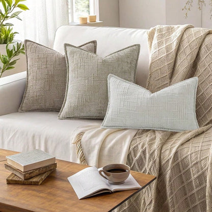 DecorUhome Chenille Throw Pillow Covers 18x18 Set Of 2, Thick Textured Slubby Neutral Decorative Pillow Covers With Elegant Design For Couch, Sofa, Living Room, Light Grey
