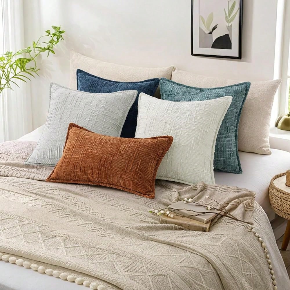 DecorUhome Chenille Throw Pillow Covers 18x18 Set Of 2, Thick Textured Slubby Neutral Decorative Pillow Covers With Elegant Design For Couch, Sofa, Living Room, Light Grey
