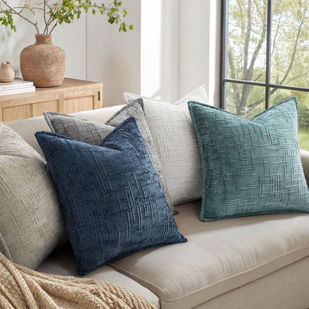 DecorUhome Chenille Throw Pillow Covers 18x18 Set Of 2, Thick Textured Slubby Neutral Decorative Pillow Covers With Elegant Design For Couch, Sofa, Living Room, Light Grey