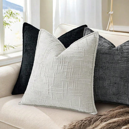 DecorUhome Chenille Throw Pillow Covers 18x18 Set Of 2, Thick Textured Slubby Neutral Decorative Pillow Covers With Elegant Design For Couch, Sofa, Living Room, Light Grey