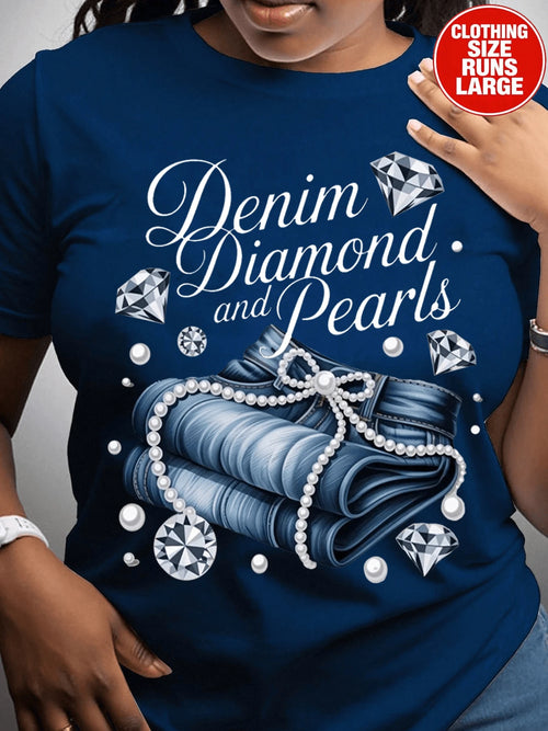 Denim Diamond And Pearls T-Shirt,Elegant Gemstone Bow Graphic Tee,Preppy Streetwear,Plus Size Cotton Printed T-Shirt,Unisex Oversized Fit