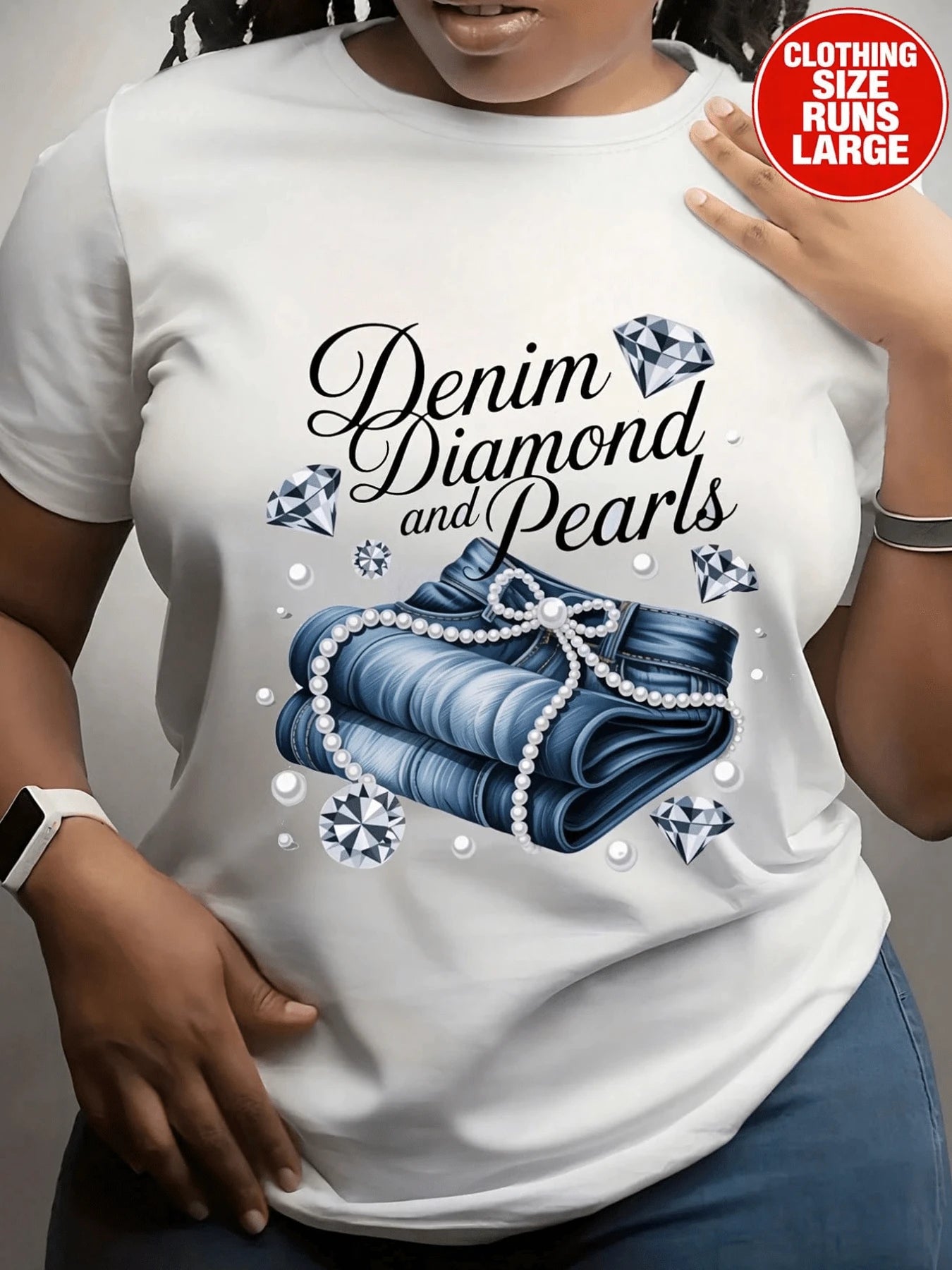 Denim Diamond And Pearls T-Shirt,Elegant Gemstone Bow Graphic Tee,Preppy Streetwear,Plus Size Cotton Printed T-Shirt,Unisex Oversized Fit
