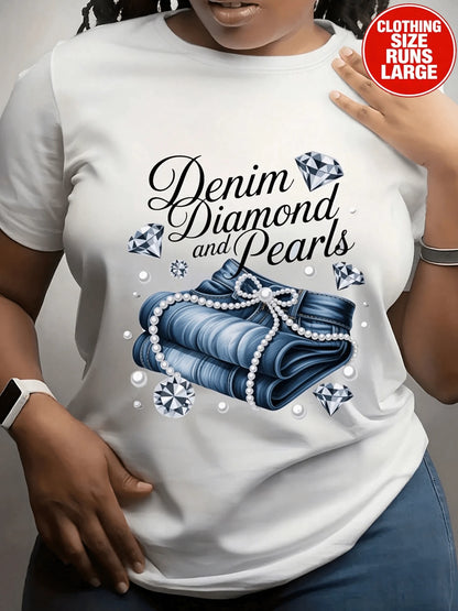 Denim Diamond And Pearls T-Shirt,Elegant Gemstone Bow Graphic Tee,Preppy Streetwear,Plus Size Cotton Printed T-Shirt,Unisex Oversized Fit