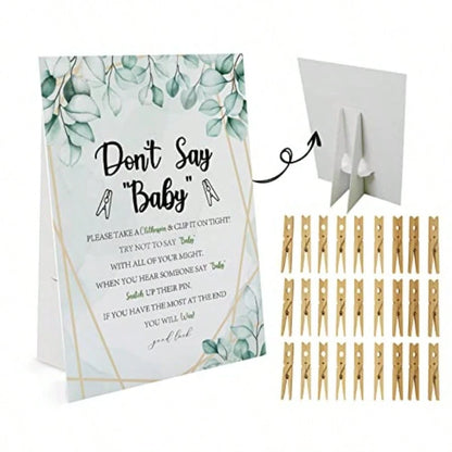DGreenery Don't Say Baby Game 1 Sign And 50 Mini Natural Clothespins Baby Shower Decorations Games Gender Neutral Green Leaves (DS26)10