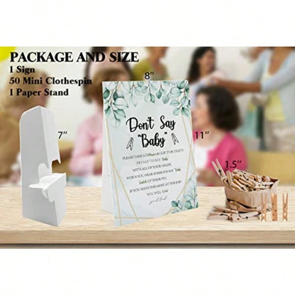 DGreenery Don't Say Baby Game 1 Sign And 50 Mini Natural Clothespins Baby Shower Decorations Games Gender Neutral Green Leaves (DS26)10