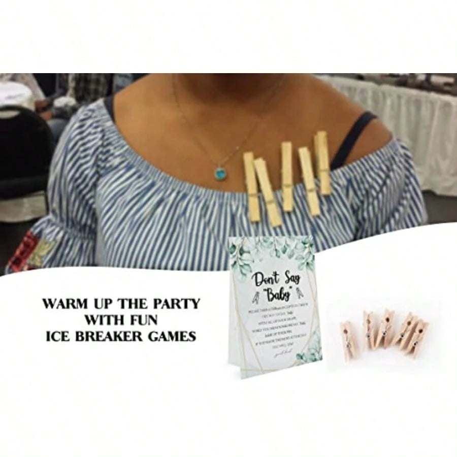 DGreenery Don't Say Baby Game 1 Sign And 50 Mini Natural Clothespins Baby Shower Decorations Games Gender Neutral Green Leaves (DS26)10