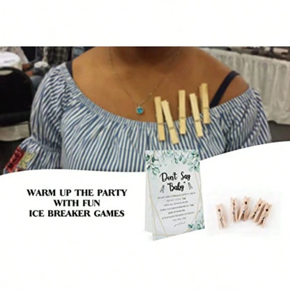 DGreenery Don't Say Baby Game 1 Sign And 50 Mini Natural Clothespins Baby Shower Decorations Games Gender Neutral Green Leaves (DS26)10