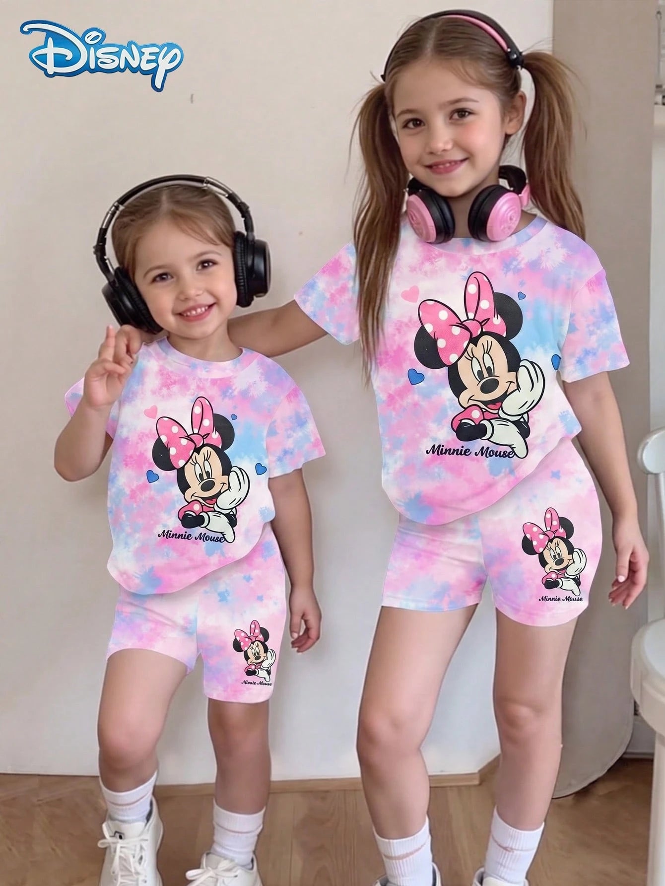 Disney Baby Girls' Summer Minnie Mouse Print Short Sleeve T-Shirt And Shorts Set, Cute Casual Vacation Outfit, Pink & Blue Tie-Dye Elastic Waist Shorts, Outdoor Apparel