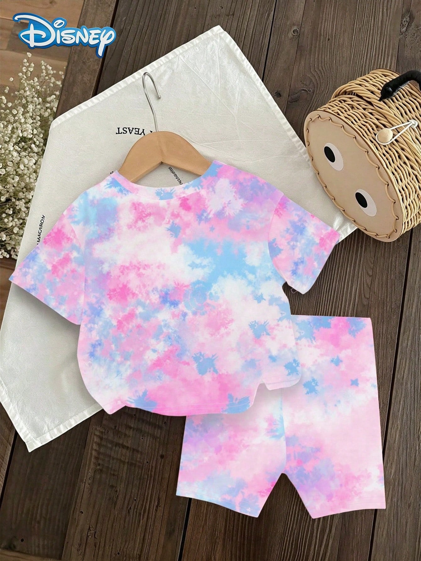 Disney Baby Girls' Summer Minnie Mouse Print Short Sleeve T-Shirt And Shorts Set, Cute Casual Vacation Outfit, Pink & Blue Tie-Dye Elastic Waist Shorts, Outdoor Apparel