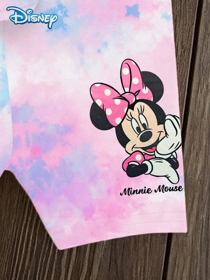 Disney Baby Girls' Summer Minnie Mouse Print Short Sleeve T-Shirt And Shorts Set, Cute Casual Vacation Outfit, Pink & Blue Tie-Dye Elastic Waist Shorts, Outdoor Apparel