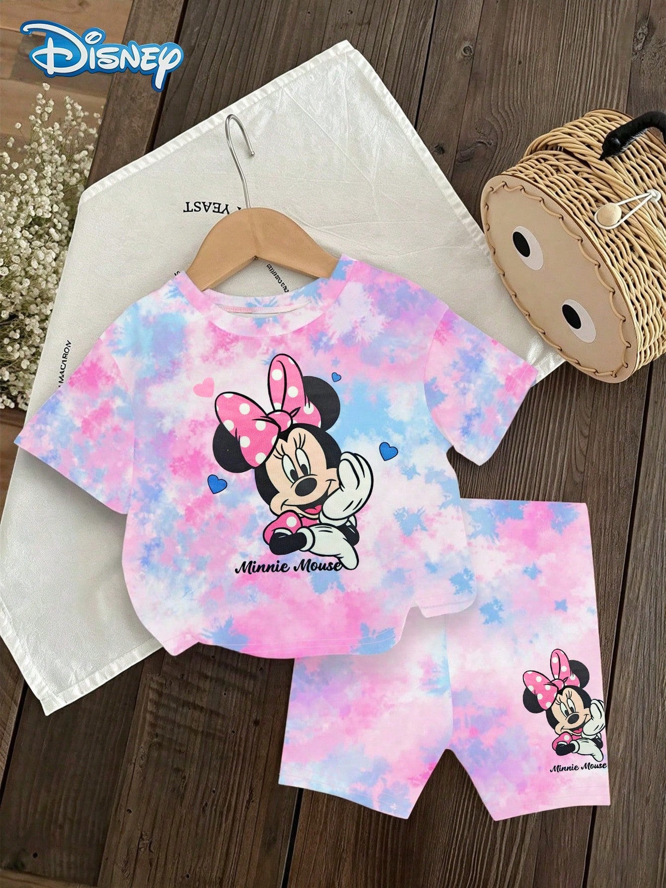 Disney Baby Girls' Summer Minnie Mouse Print Short Sleeve T-Shirt And Shorts Set, Cute Casual Vacation Outfit, Pink & Blue Tie-Dye Elastic Waist Shorts, Outdoor Apparel