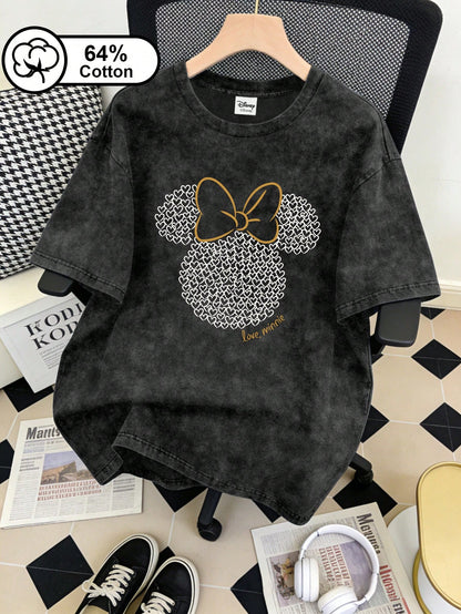 Disney Plus Size Women's T-Shirt, Minnie Mouse And Heart Print, Vintage Washed Short Sleeve T-Shirt Black Summer