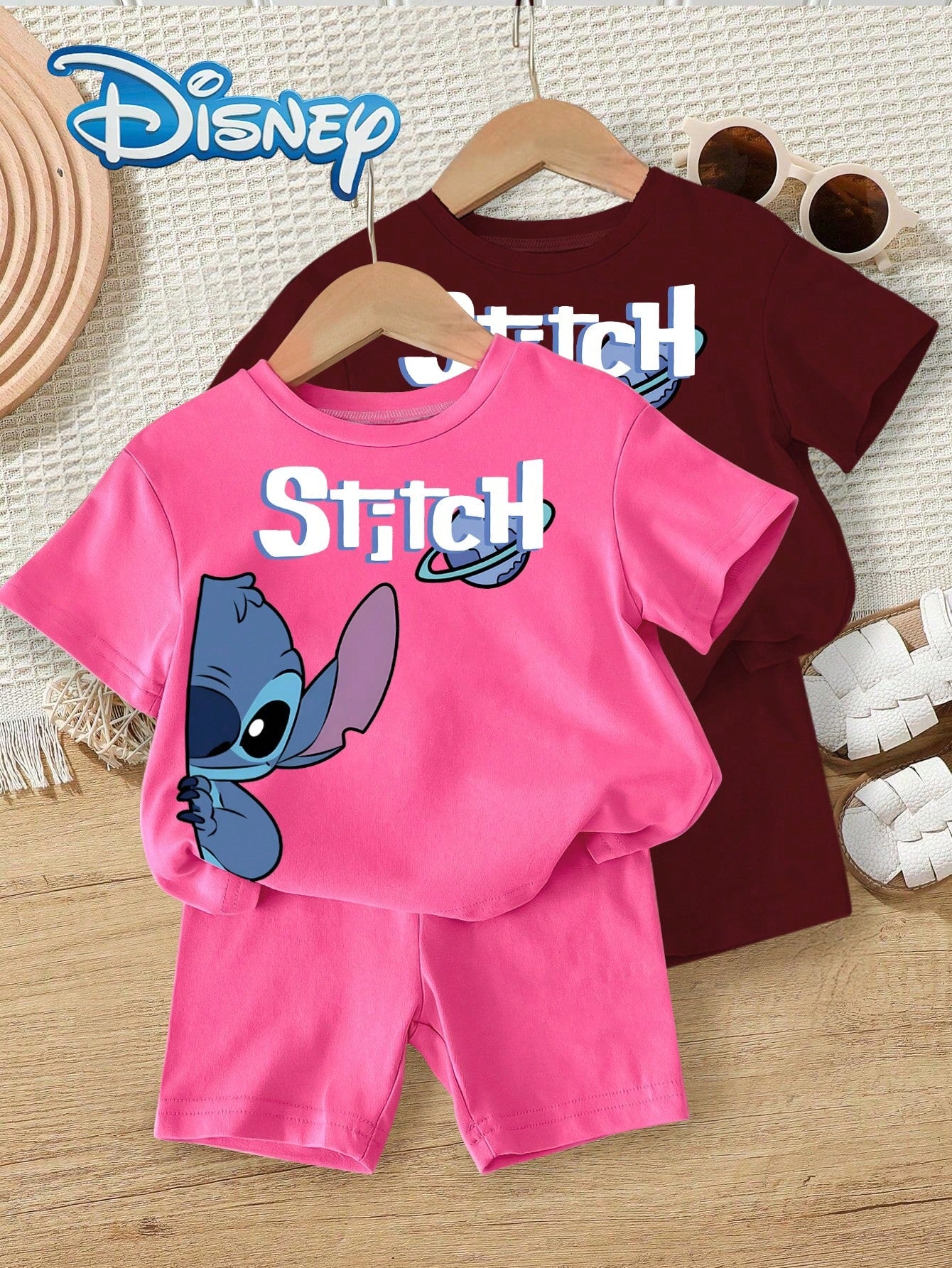 Disney Stitch 4pcs Summer Baby Girls Casual Shorts Set, Cartoon "Stitch" Print Round Neck Short Sleeve T-Shirt, Elastic Waist Solid Color Stretch Shorts, Baby Girl Daily Versatile Soft Comfortable Out