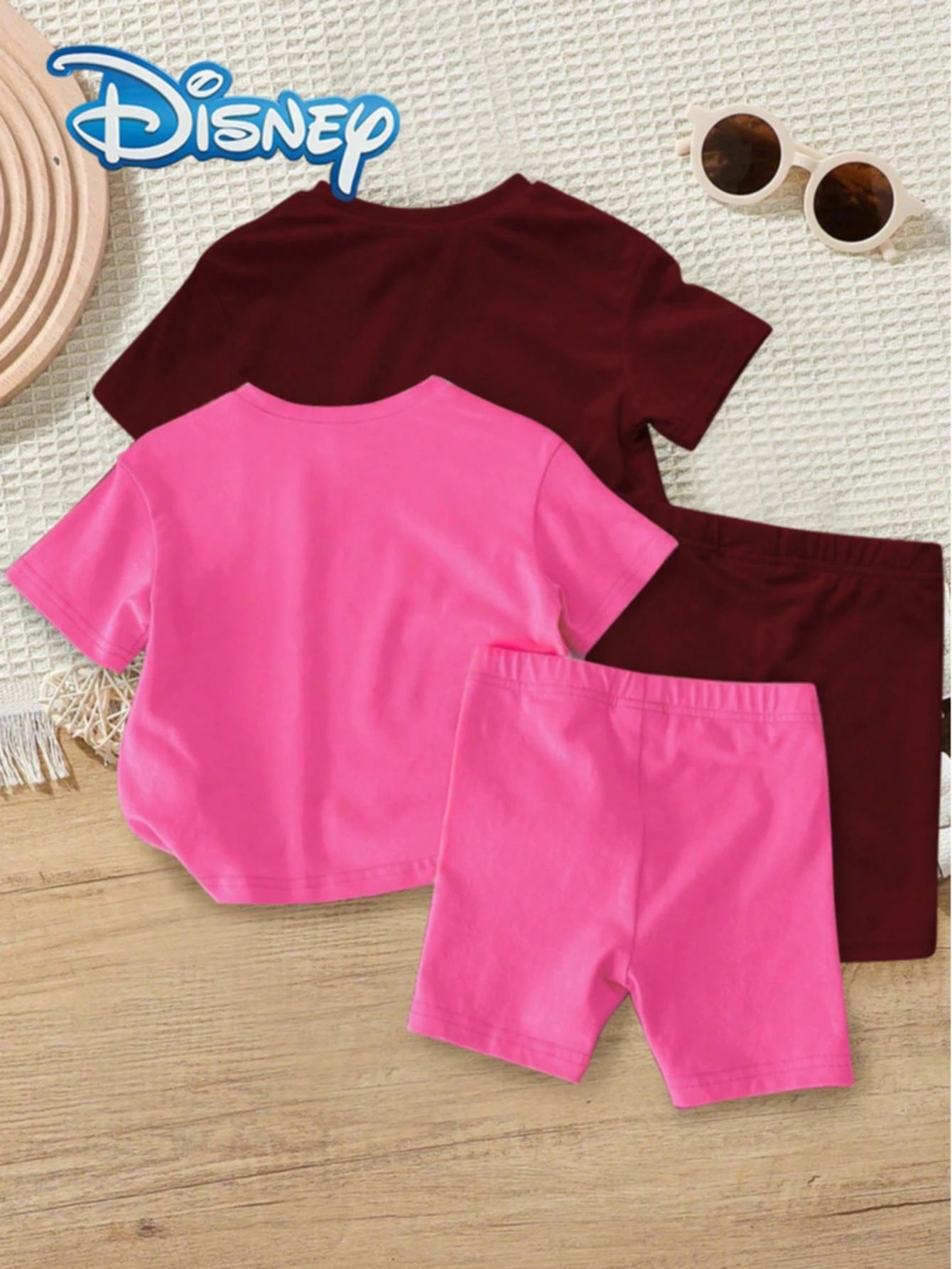Disney Stitch 4pcs Summer Baby Girls Casual Shorts Set, Cartoon "Stitch" Print Round Neck Short Sleeve T-Shirt, Elastic Waist Solid Color Stretch Shorts, Baby Girl Daily Versatile Soft Comfortable Out