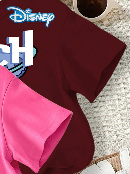 Disney Stitch 4pcs Summer Baby Girls Casual Shorts Set, Cartoon "Stitch" Print Round Neck Short Sleeve T-Shirt, Elastic Waist Solid Color Stretch Shorts, Baby Girl Daily Versatile Soft Comfortable Out