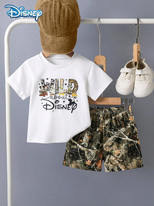 Disney Summer Baby Boy Mickey Donald Duck Family Leopard Print Cute Short Sleeve White T-Shirt Brown Hunting Pattern All-Over Print Shorts Set Cartoon Pattern Slight Elasticity Suitable For Infant New