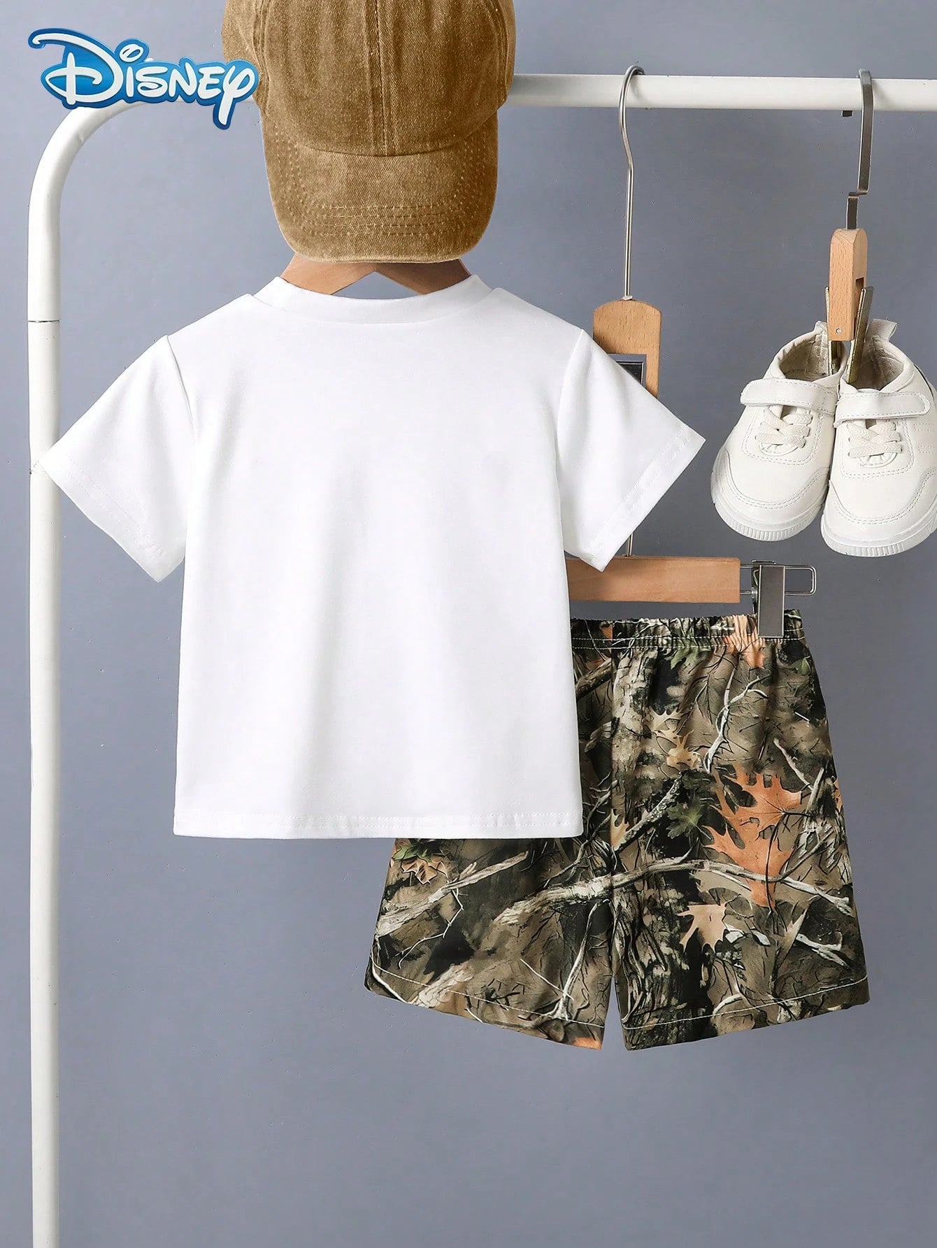 Disney Summer Baby Boy Mickey Donald Duck Family Leopard Print Cute Short Sleeve White T-Shirt Brown Hunting Pattern All-Over Print Shorts Set Cartoon Pattern Slight Elasticity Suitable For Infant New