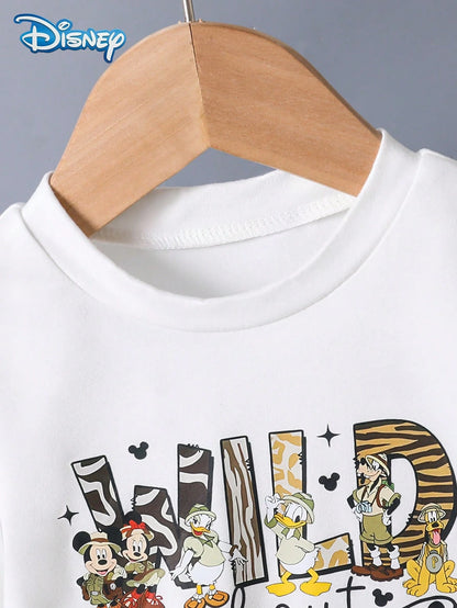 Disney Summer Baby Boy Mickey Donald Duck Family Leopard Print Cute Short Sleeve White T-Shirt Brown Hunting Pattern All-Over Print Shorts Set Cartoon Pattern Slight Elasticity Suitable For Infant New