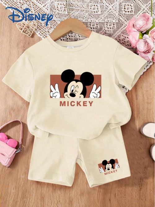 Disney Summer Cute Baby Girl 2-Piece Set Photo Print T-Shirt & Shorts Outfit Casual Versatile Kids Letter Print Mickey Mouse