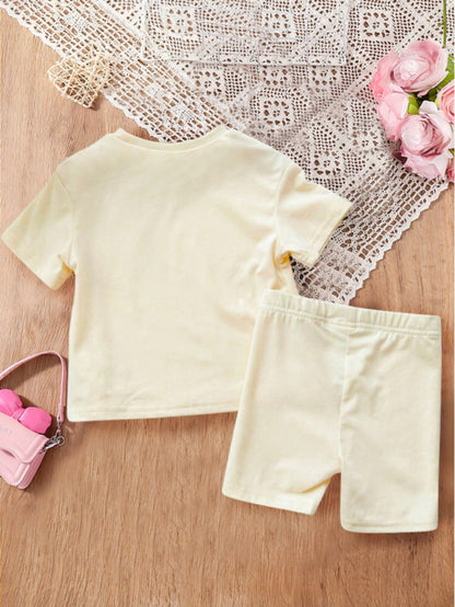 Disney Summer Cute Baby Girl 2-Piece Set Photo Print T-Shirt & Shorts Outfit Casual Versatile Kids Letter Print Mickey Mouse