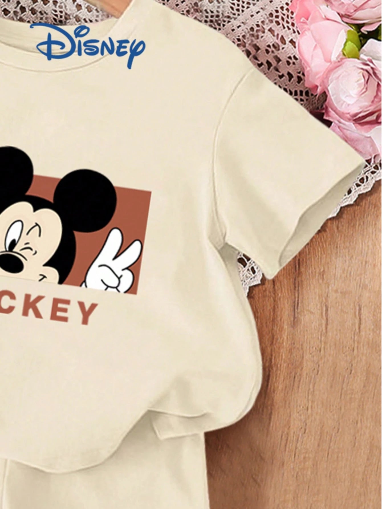 Disney Summer Cute Baby Girl 2-Piece Set Photo Print T-Shirt & Shorts Outfit Casual Versatile Kids Letter Print Mickey Mouse