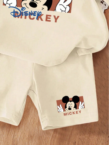 Disney Summer Cute Baby Girl 2-Piece Set Photo Print T-Shirt & Shorts Outfit Casual Versatile Kids Letter Print Mickey Mouse