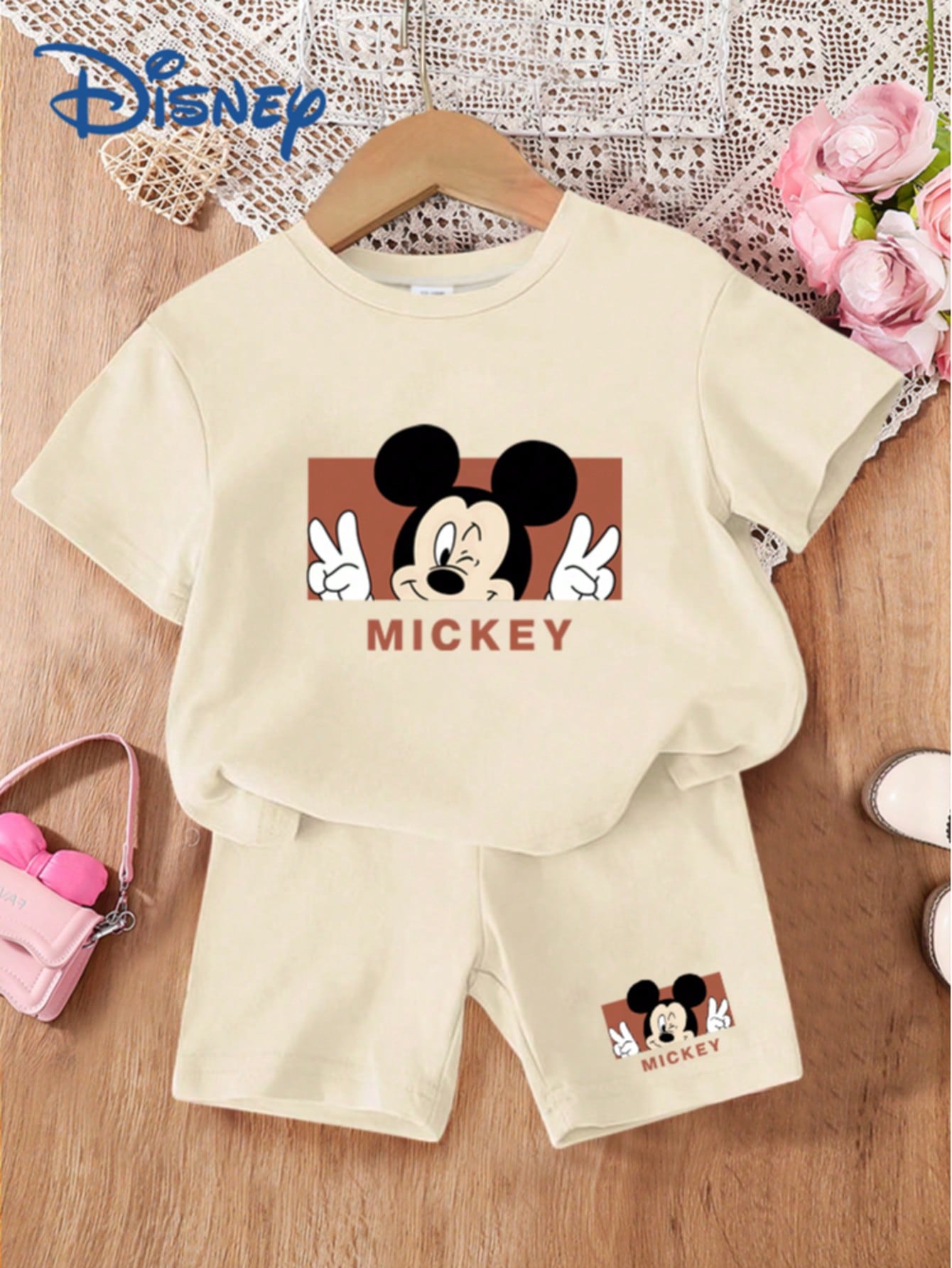 Disney Summer Cute Baby Girl 2-Piece Set Photo Print T-Shirt & Shorts Outfit Casual Versatile Kids Letter Print Mickey Mouse