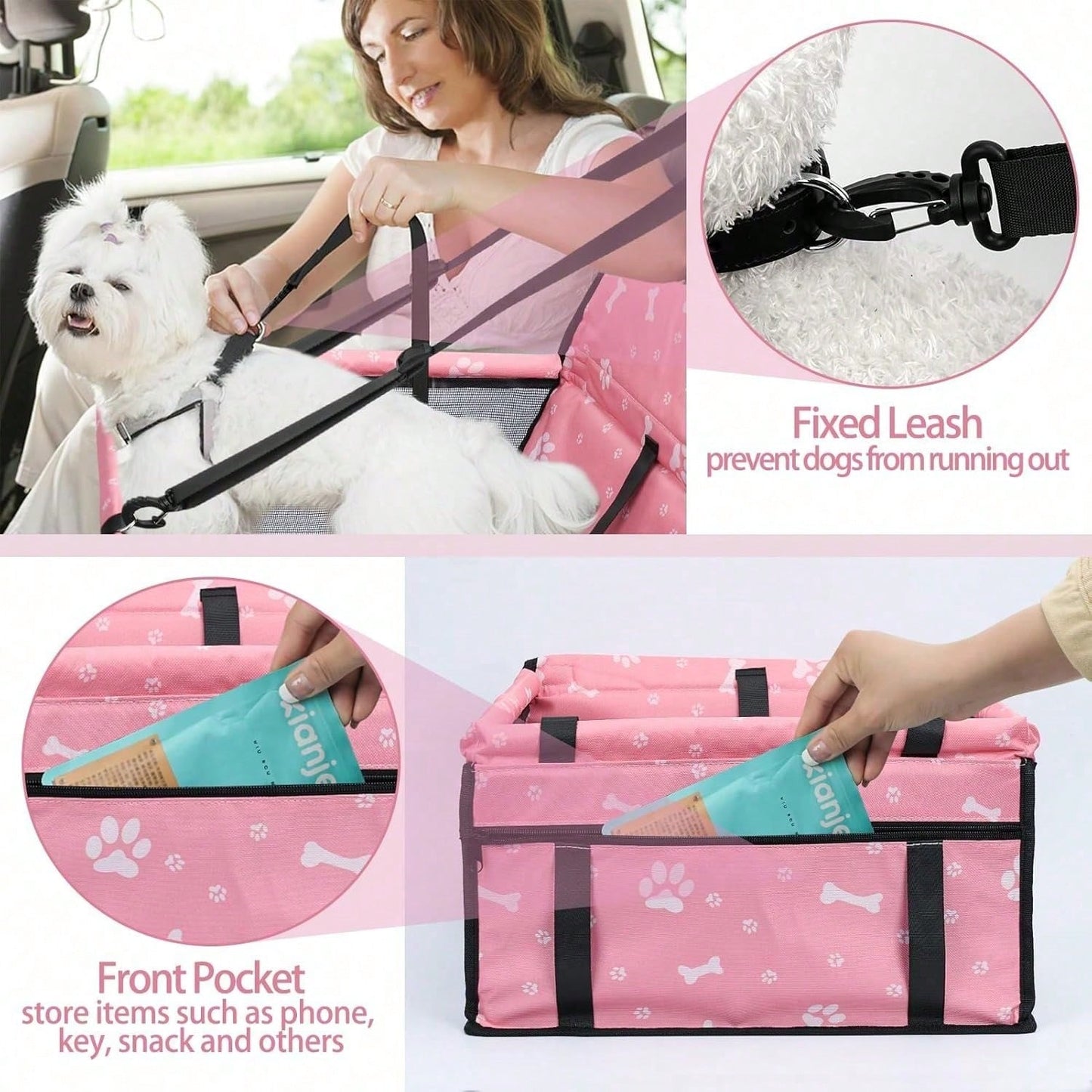 Dog Car Seat Foldable Dog Car Booster Seat Waterproof Breathable Oxford Travel Bag For Small To Medium Dogs, Puppies, And Pets-Pattern Pink
