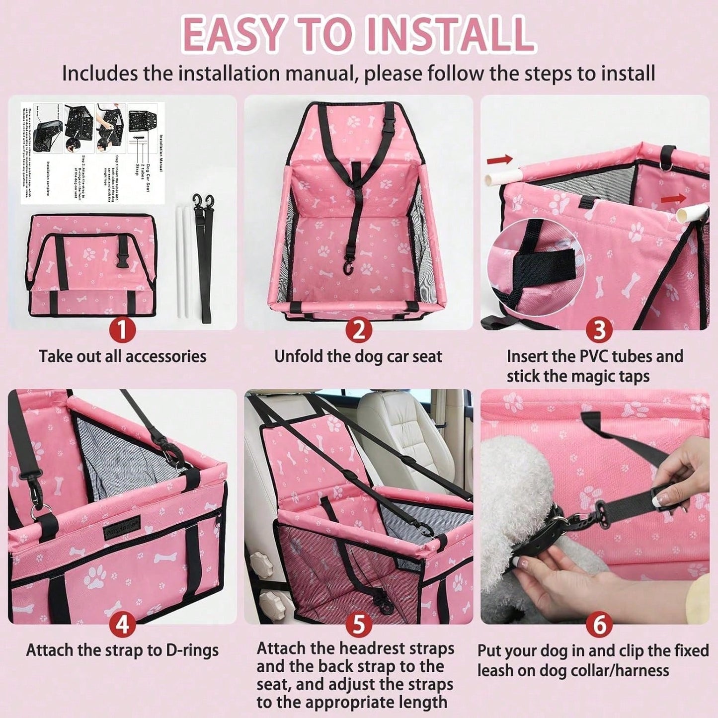 Dog Car Seat Foldable Dog Car Booster Seat Waterproof Breathable Oxford Travel Bag For Small To Medium Dogs, Puppies, And Pets-Pattern Pink