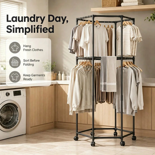 Double Tier Rolling Garment Rack- Black Hexagonal Clothing Rack With Wheels, 2-Layer Corner Friendly Clothes Organizer For Laundry Bedroom Small Space