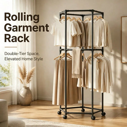 Double Tier Rolling Garment Rack- Black Hexagonal Clothing Rack With Wheels, 2-Layer Corner Friendly Clothes Organizer For Laundry Bedroom Small Space