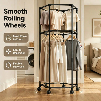 Double Tier Rolling Garment Rack- Black Hexagonal Clothing Rack With Wheels, 2-Layer Corner Friendly Clothes Organizer For Laundry Bedroom Small Space