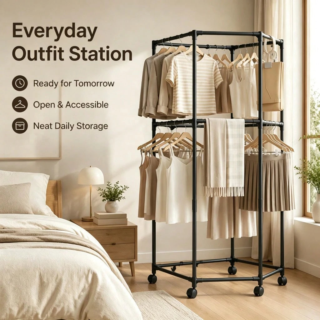 Double Tier Rolling Garment Rack- Black Hexagonal Clothing Rack With Wheels, 2-Layer Corner Friendly Clothes Organizer For Laundry Bedroom Small Space